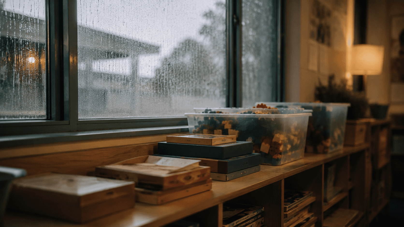 Rain streaking a classroom window, with tubs of building blocks and stacked board games on the shelf inside.