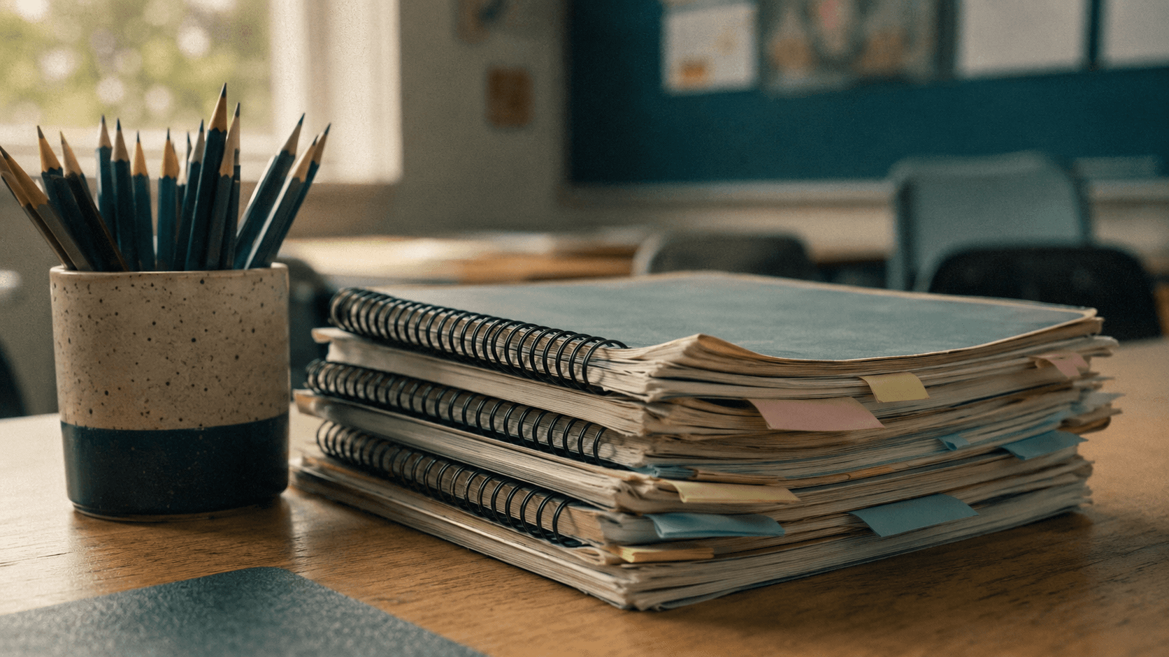 A stack of dog-eared spiral-bound planning booklets with paper tabs, beside a pot of sharpened pencils on a staffroom table.