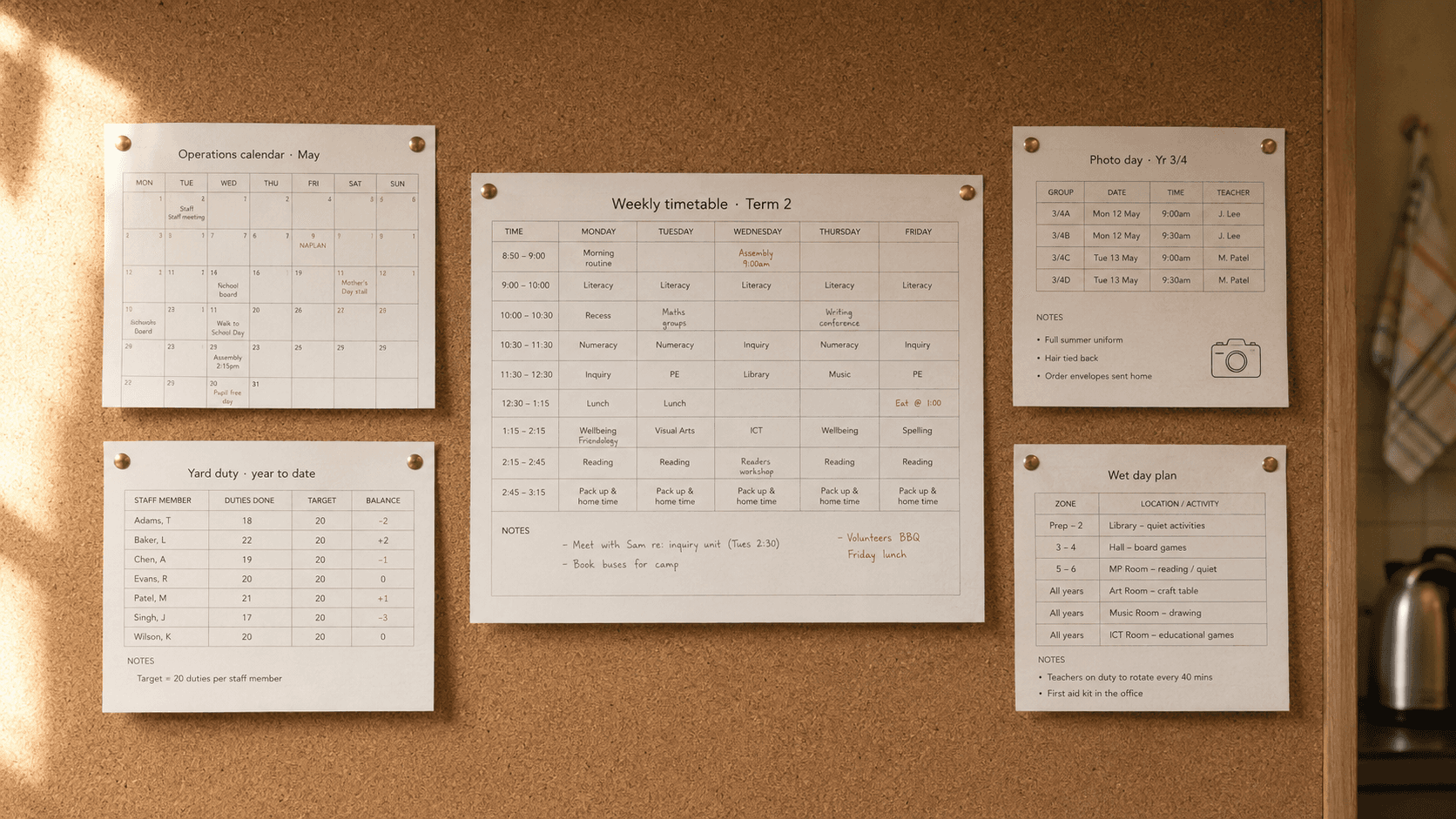 A primary-school staffroom corkboard with a weekly timetable pinned at the centre and four smaller operational sheets around it — operations calendar, photo-day rotation, yard-duty fairness ledger, and wet-day plan.