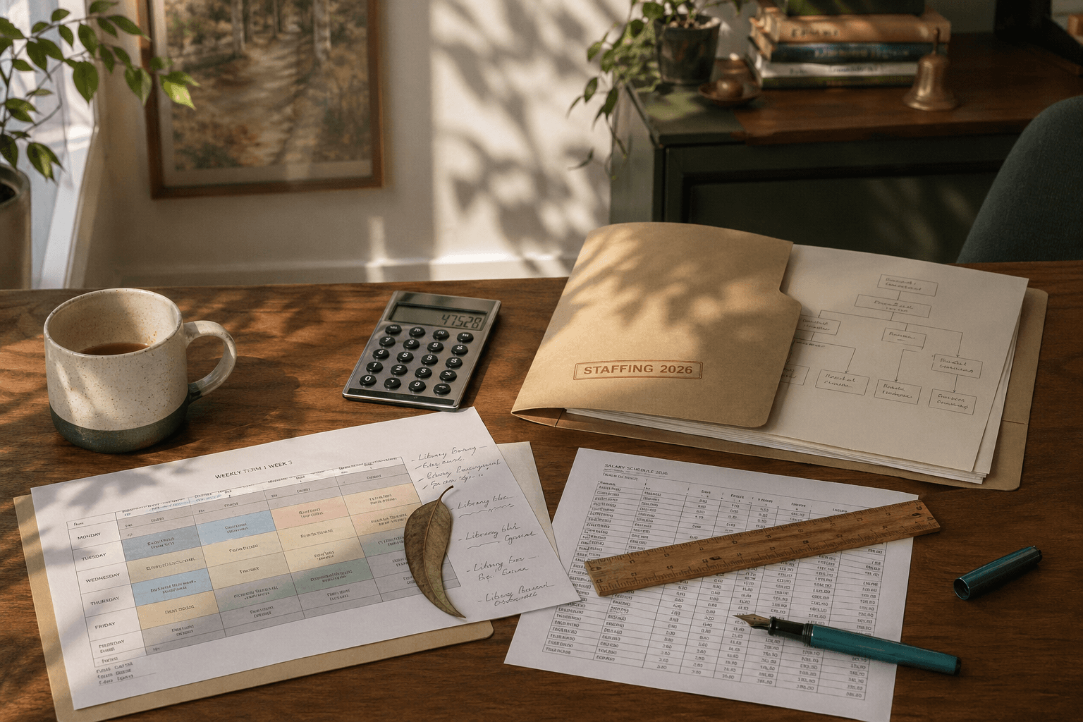 A primary-school principal's office desk in late-afternoon light: a printed weekly timetable with handwritten margin notes, a desk calculator, an open manilla 'Staffing 2026' folder showing a hand-drawn org chart, a wooden ruler resting across a printed salary table, a teal fountain pen, a mug of tea, and a pressed gum leaf.