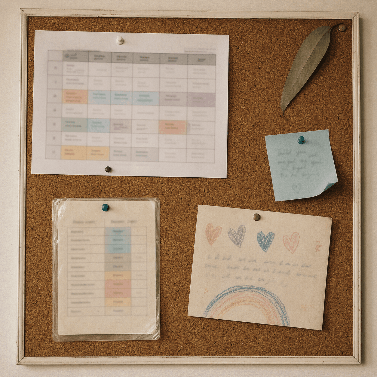 Staffroom corkboard with a pinned weekly timetable, sticky notes, and a dried gum leaf.