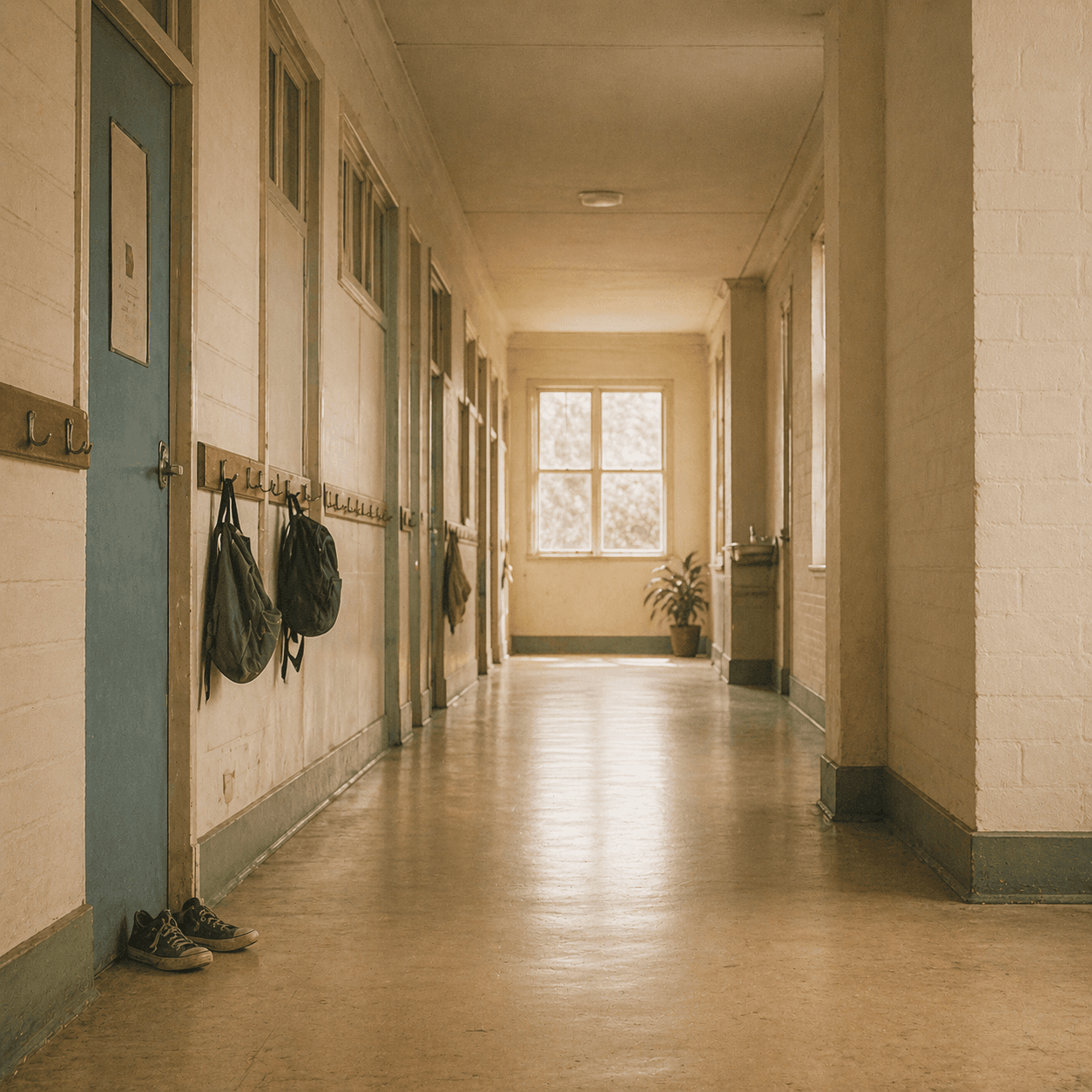 A calm Australian primary school hallway with morning light.