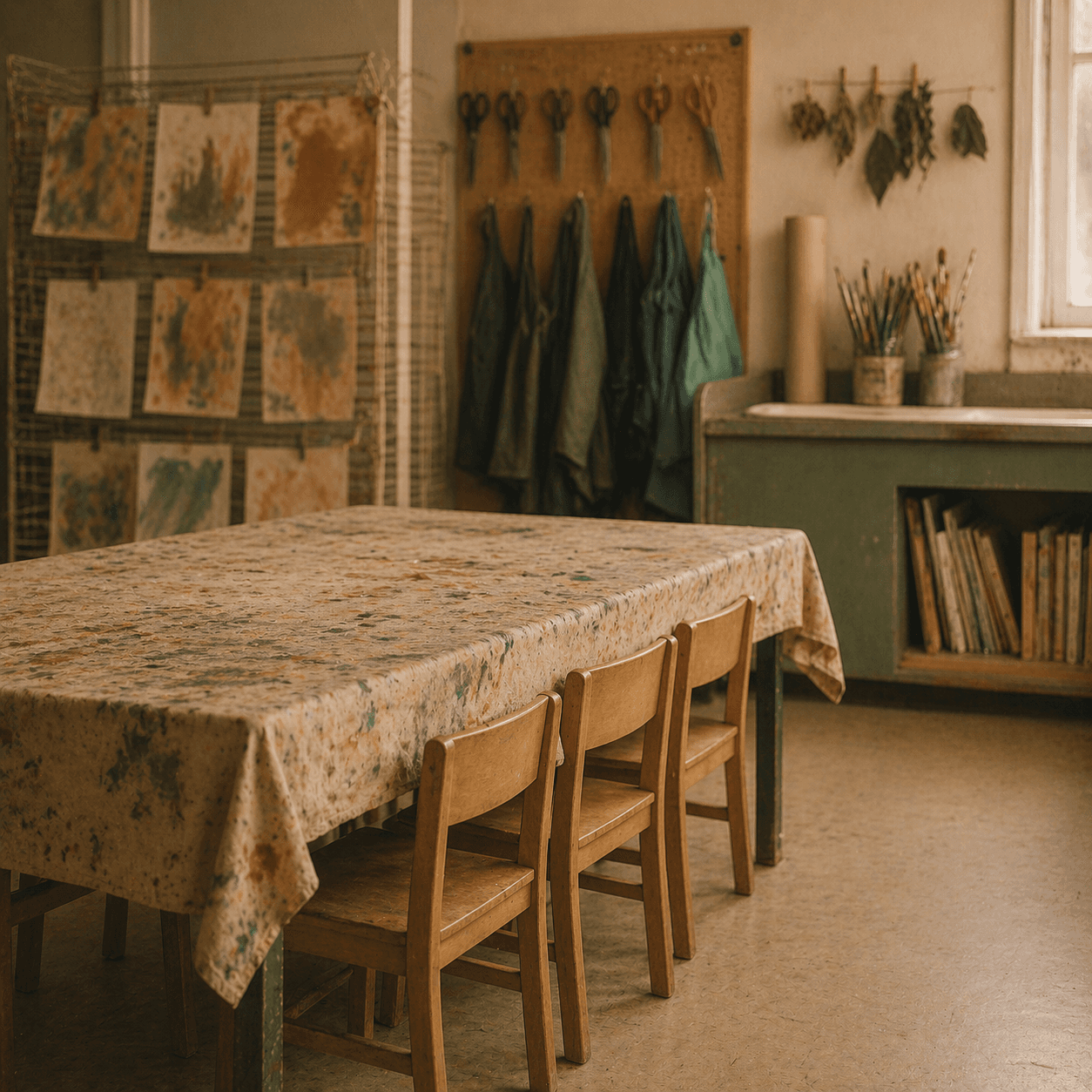 Quiet primary-school art room with paint-splattered cloth, hanging aprons, and drying artworks.