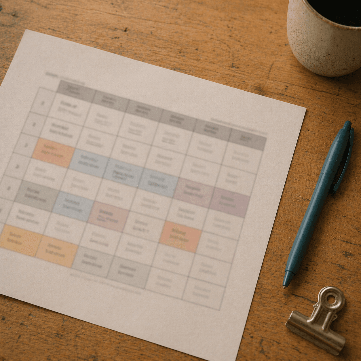 Printed weekly timetable grid resting on a timber teacher’s desk.