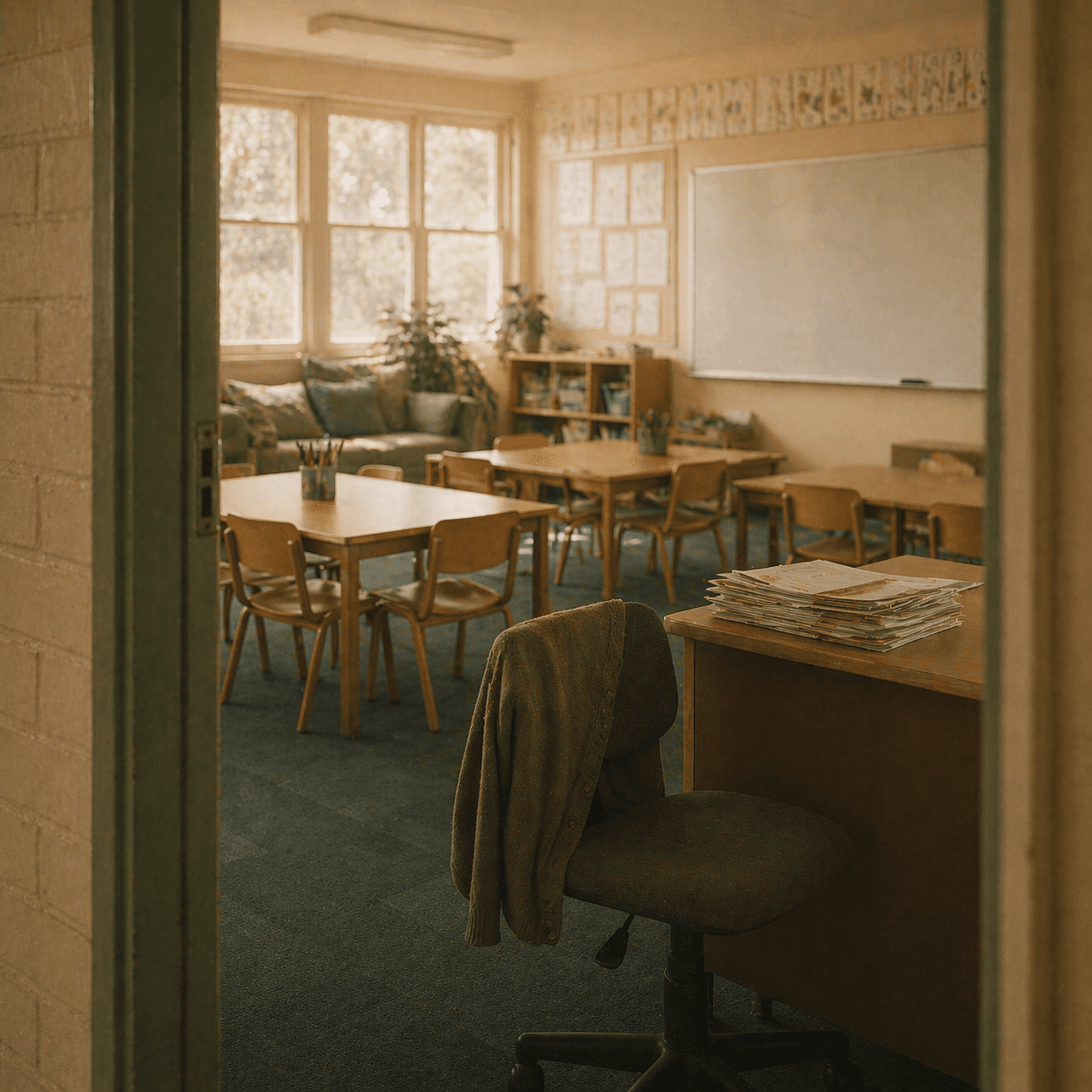 Empty Australian classroom viewed through an open doorway, ready for the day.