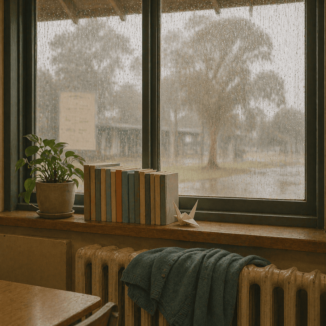 Rain-streaked classroom window with picture books on the sill and a cardigan on the radiator.