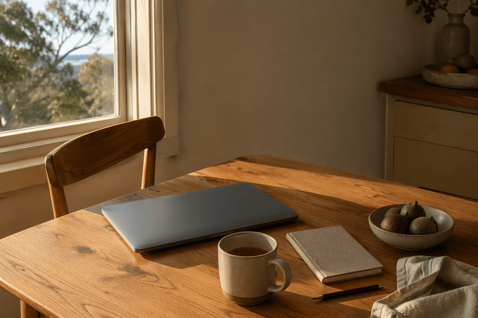 A closed laptop and cooling mug on a warm-timber kitchen table, late-afternoon light through a window looking out to gum trees.