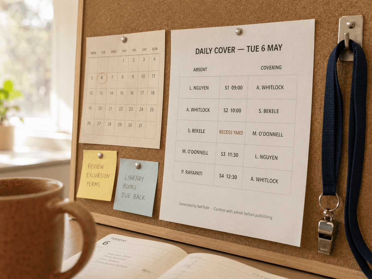 A printed daily cover sheet pinned to a staffroom corkboard alongside a wall calendar, sticky notes, and a school lanyard, with a terracotta mug and paper diary softly out of focus in the foreground.