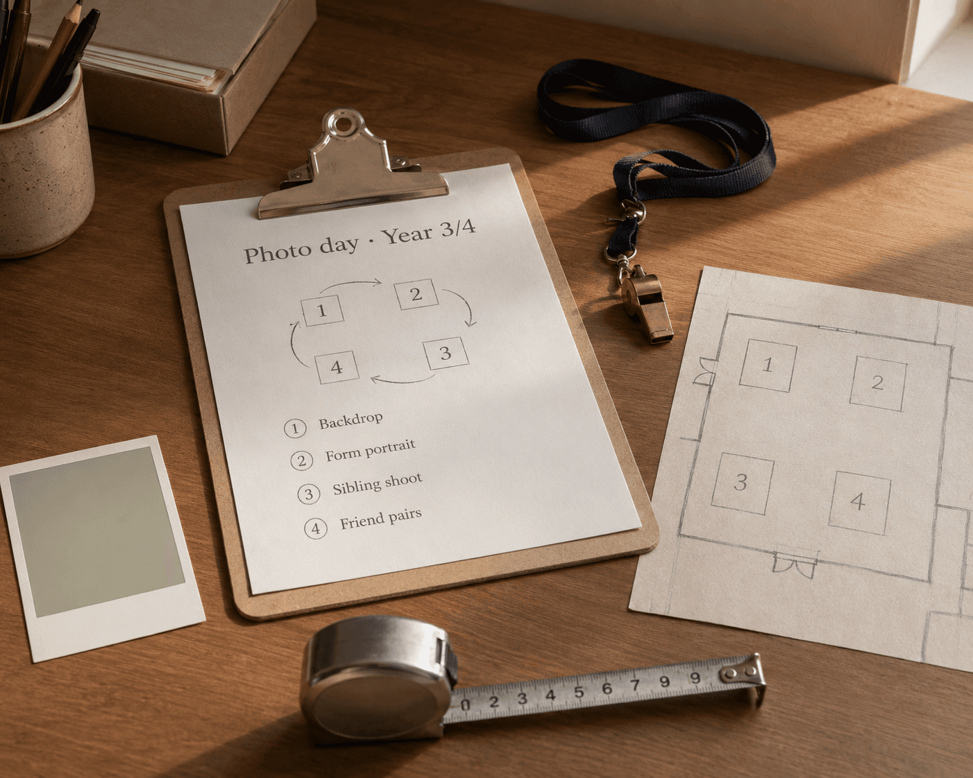 A photo-day rotation sheet on a clipboard resting on a warm timber desk, with four numbered stations arranged in a circular flow — Backdrop, Form portrait, Sibling shoot, Friend pairs — beside a navy lanyard with a brass whistle, a pencil sketch of the hall layout, a polaroid colour swatch, a stainless tape measure, and a pen pot.