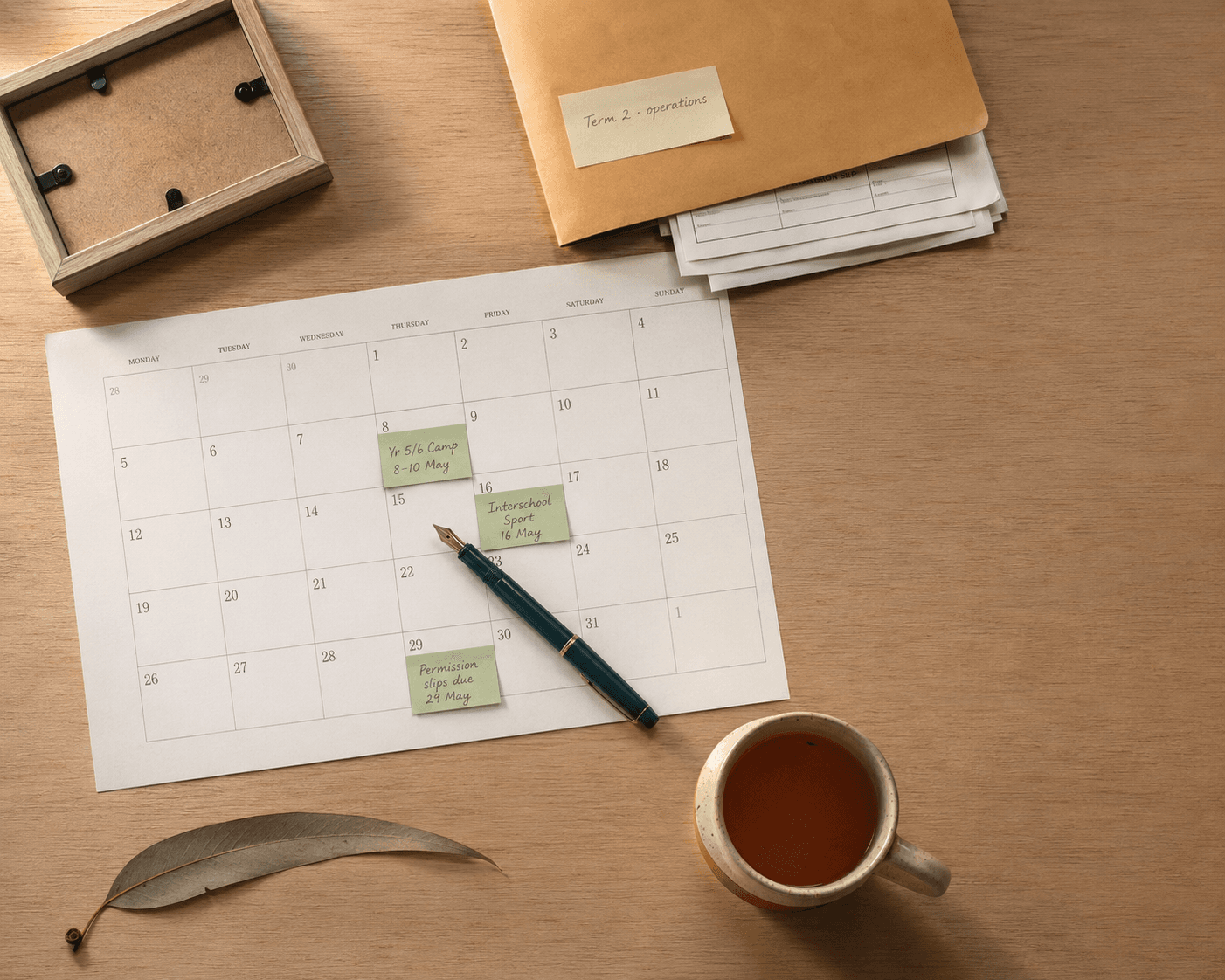 A printed month-view operations planner on a warm timber desk, with sage-green sticky notes marking a Year 5/6 camp, an interschool sport date, and a permission-slip deadline, beside a teal fountain pen, a manila Term 2 operations folder of permission slips, a small framed photo, a ceramic mug of tea, and a dried gum leaf.