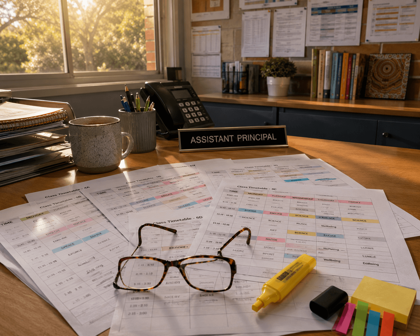An assistant principal’s office desk covered in printed class timetables with a highlighter, sticky tabs, and reading glasses in warm afternoon light.