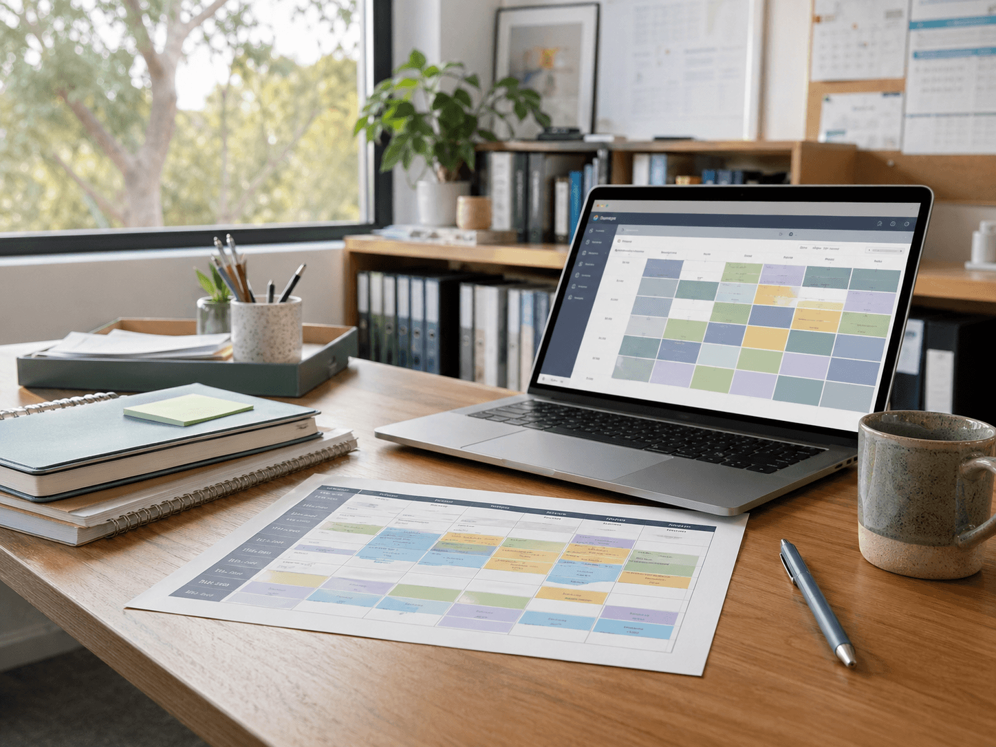A school office desk with a laptop showing a timetable grid beside printed timetables, notebooks, a pen, and a mug.