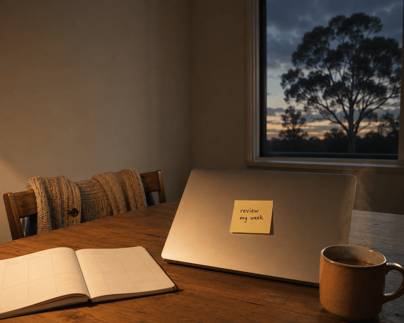 A closed laptop on a warm timber dining table at dusk, carrying a small yellow post-it with the words "review my week" in handwritten pen, beside a paper weekly planner open to a quiet five-day grid, a knitted oatmeal cardigan draped over the chair back, a ceramic terracotta mug of tea, and a window looking out to a gum-tree silhouette against dusk sky.