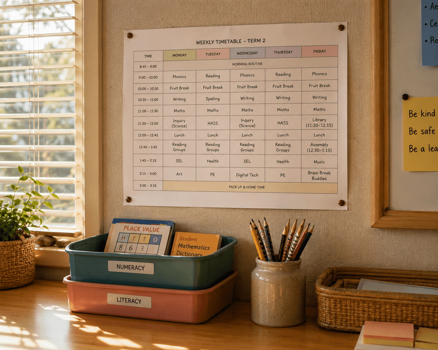 A printed weekly class timetable pinned above a teacher’s desk beside labelled numeracy and literacy tubs and a jar of pencils.