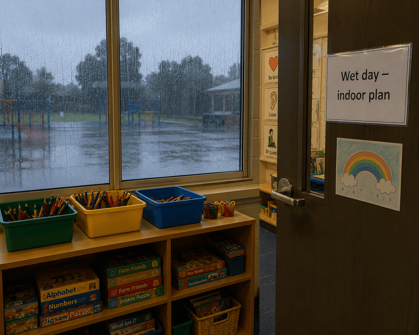 Rain on a classroom window overlooking an empty playground, with board games stacked on shelves and a wet day indoor plan sign on the door.