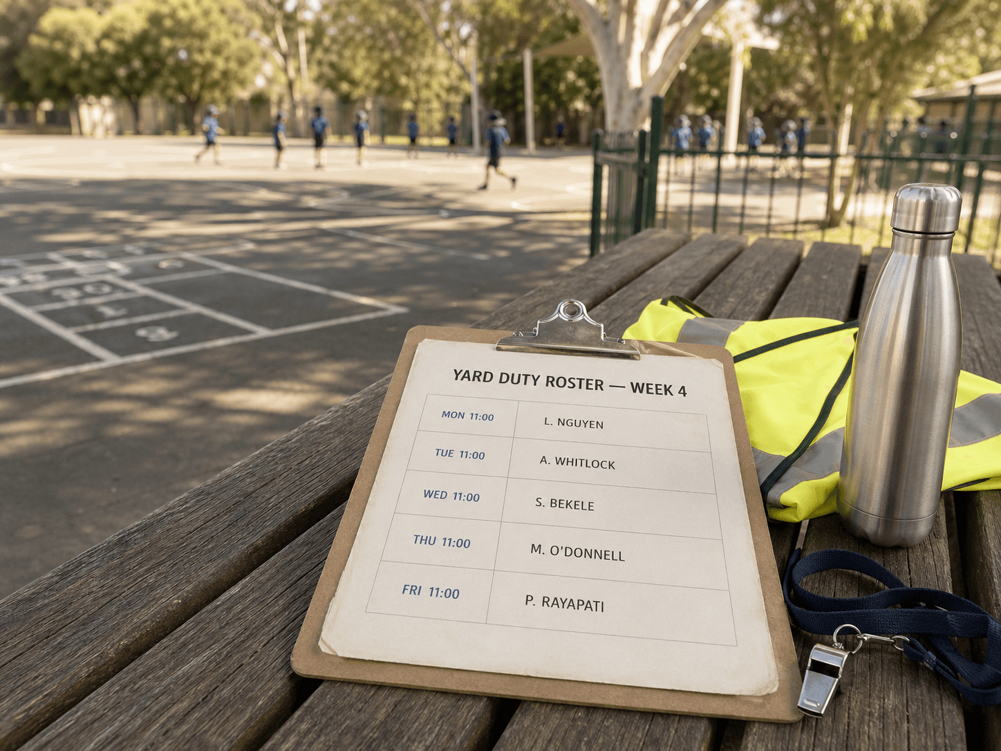 A printed weekly yard duty roster on a clipboard resting on a timber bench beside a folded hi-vis vest, water bottle, and whistle on a lanyard, with a primary-school playground softly out of focus in the background.