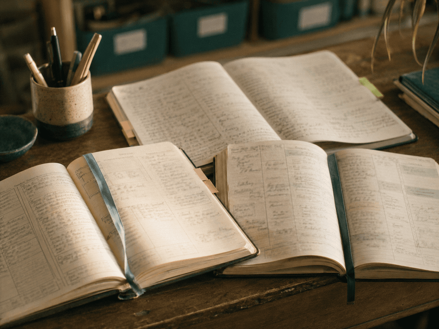 Three well-used teacher planning journals open and overlapping on a desk, pencil notes softly out of focus.