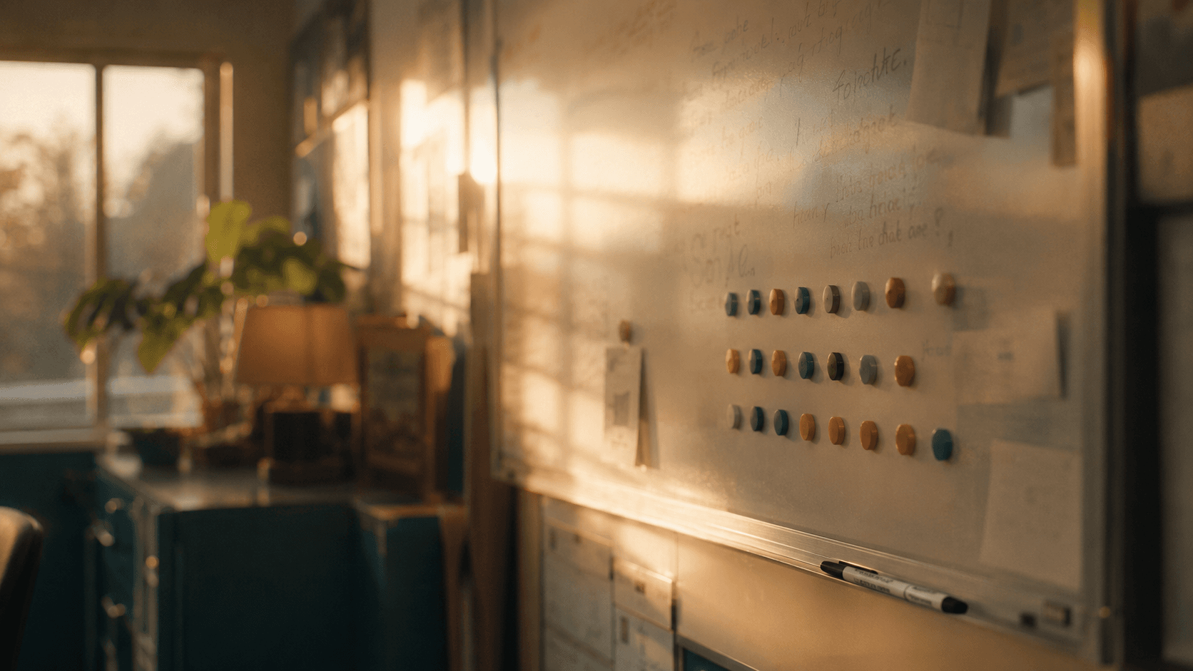 A staffroom whiteboard at dawn with rows of coloured name magnets and soft, unreadable marker notes.
