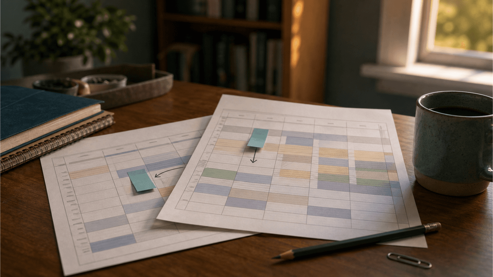 Two overlapping paper school timetables on a warm timber desk, with a teal tab marking a carefully moved session.