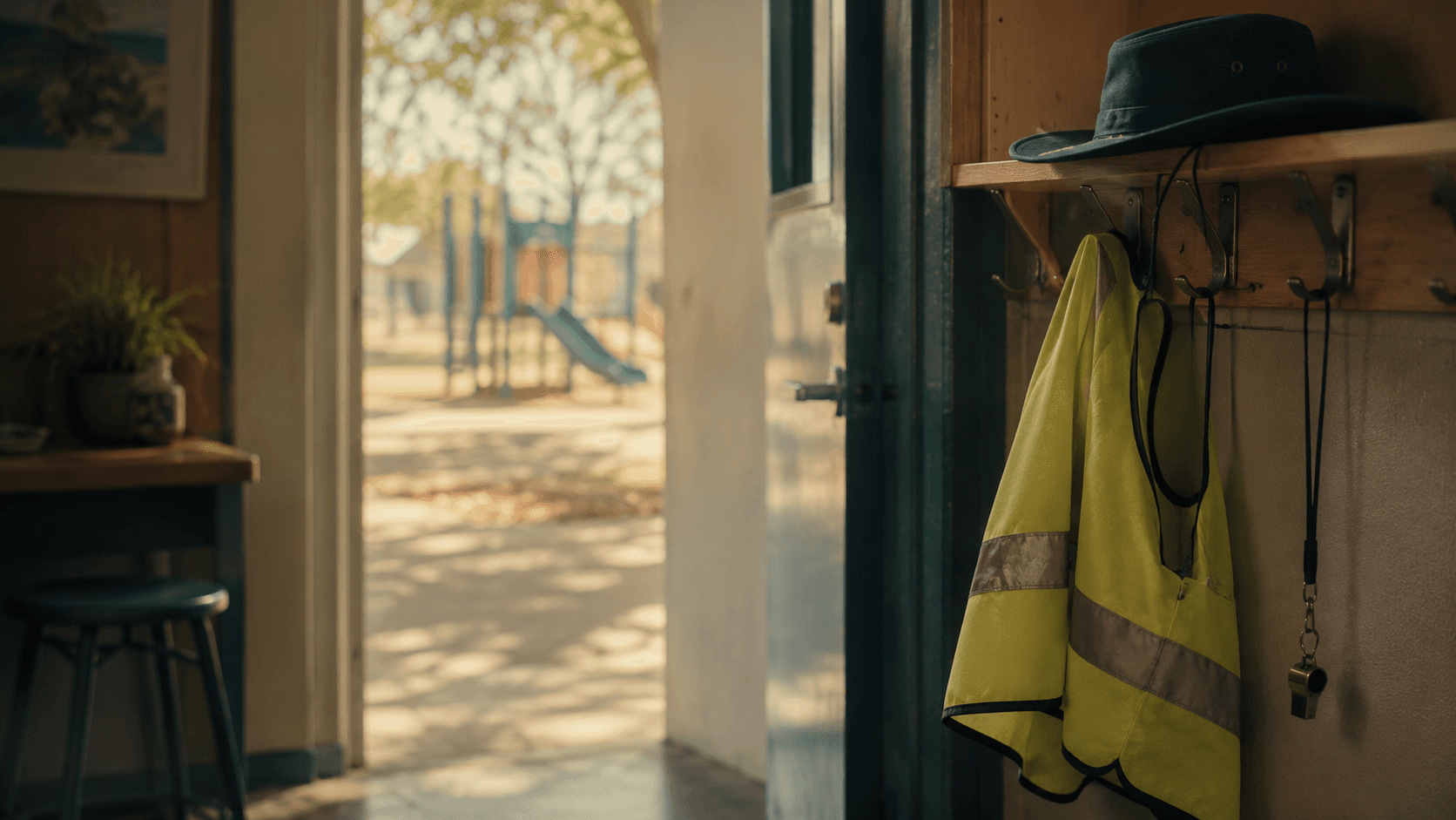 A hi-vis duty vest, whistle, and sun hat hanging by a staffroom door, with the bright playground beyond.