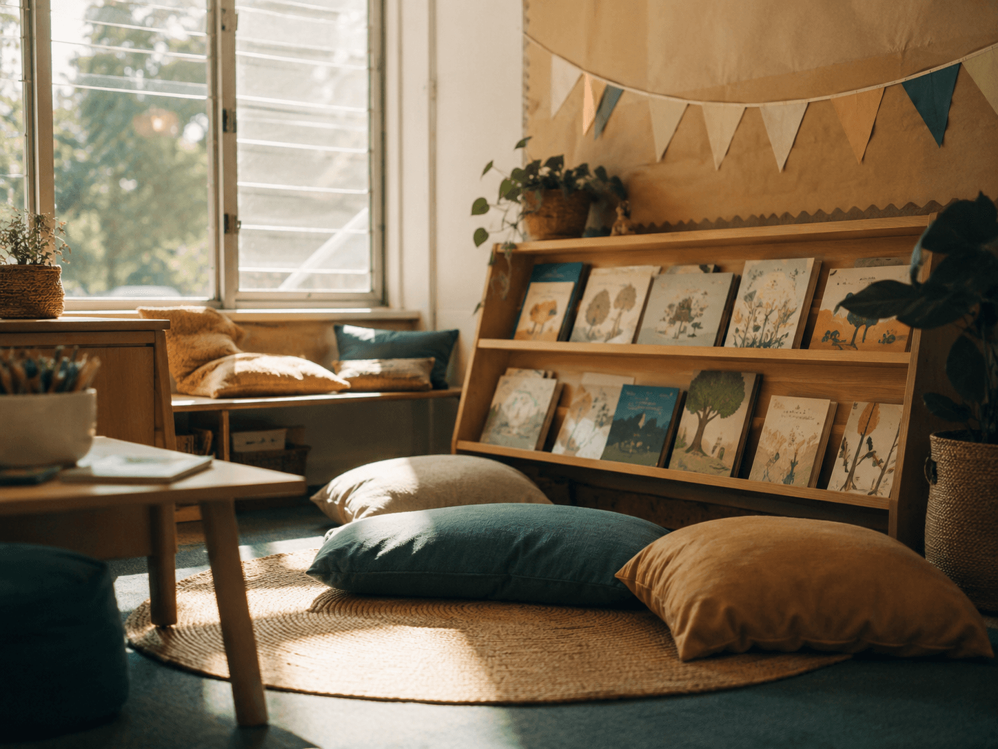 A sunlit reading corner in a primary classroom: floor cushions on a woven rug, picture books faced out on a low shelf, bunting on the wall.