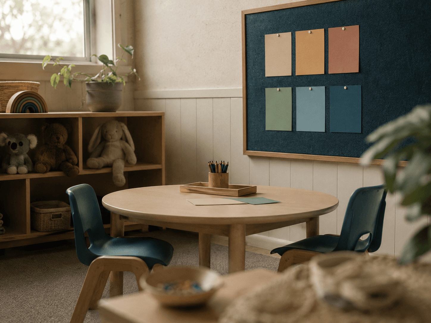 A quiet small-group learning room with two low chairs at a round table, a felt board of blank colour-coded cards on the wall.
