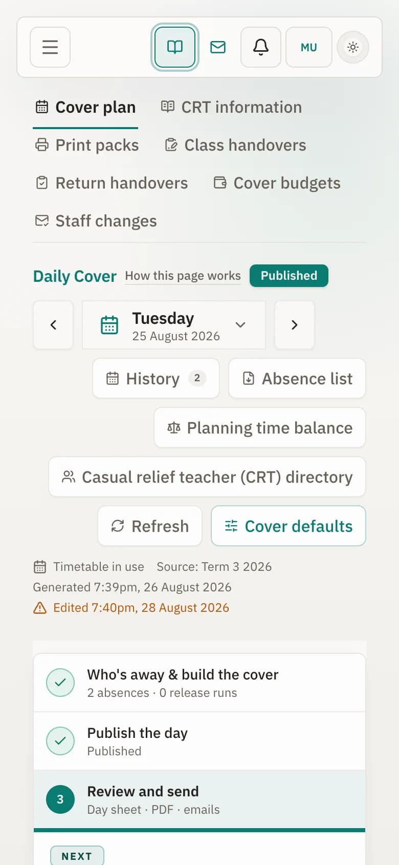 The daily cover page in Bell Path for one school day, showing who covers an absent teacher.
