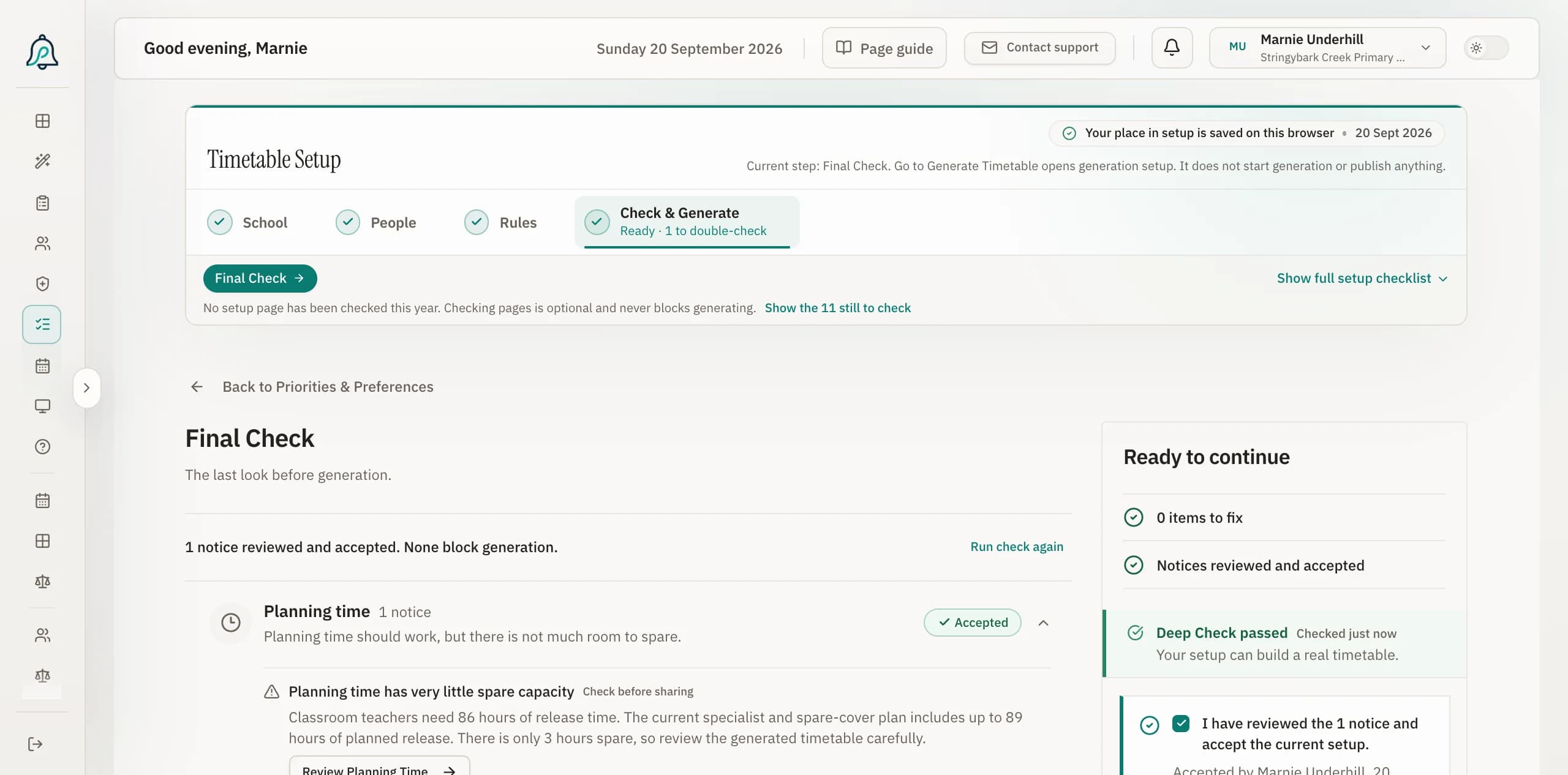 Final Check in Bell Path, the checks a school setup passes before a timetable is generated.