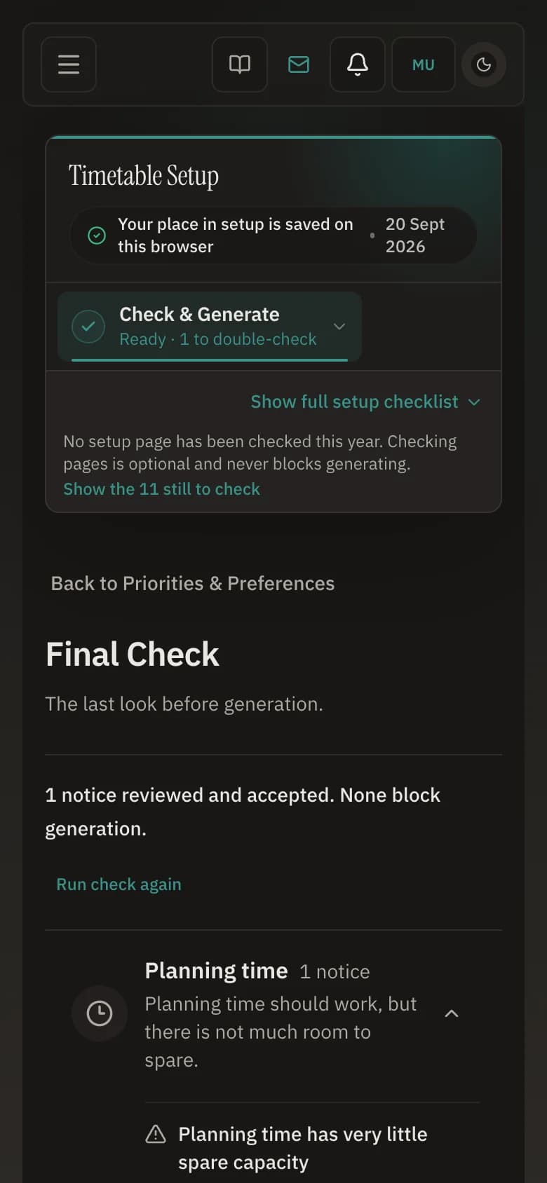 Final Check in Bell Path, the checks a school setup passes before a timetable is generated.