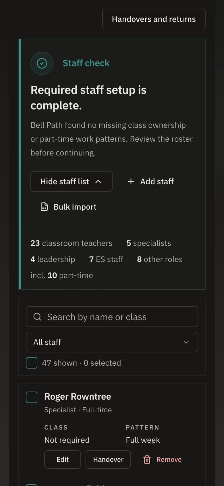 The staff step of school setup in Bell Path, listing each teacher with their role and days.