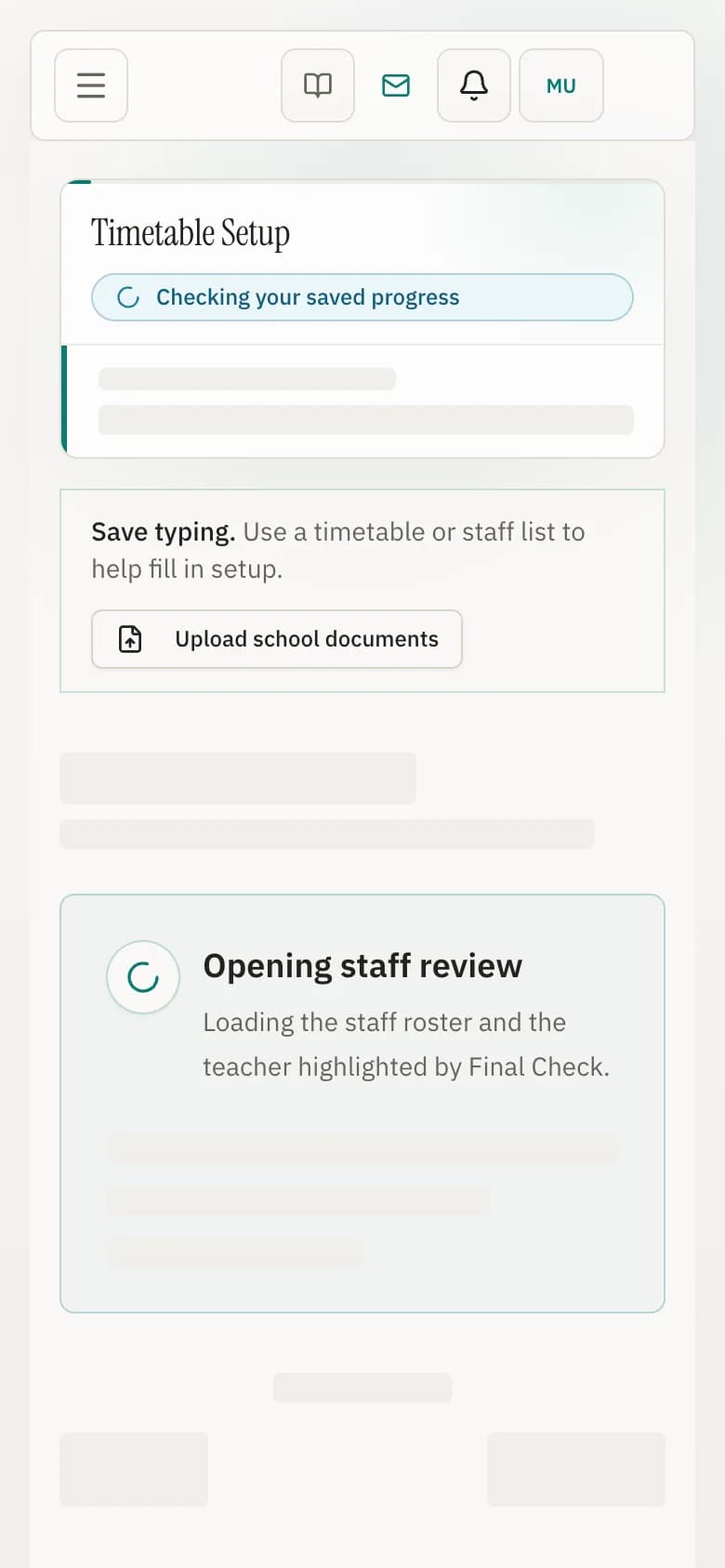 The staff step of school setup in Bell Path, listing each teacher with their role and days.