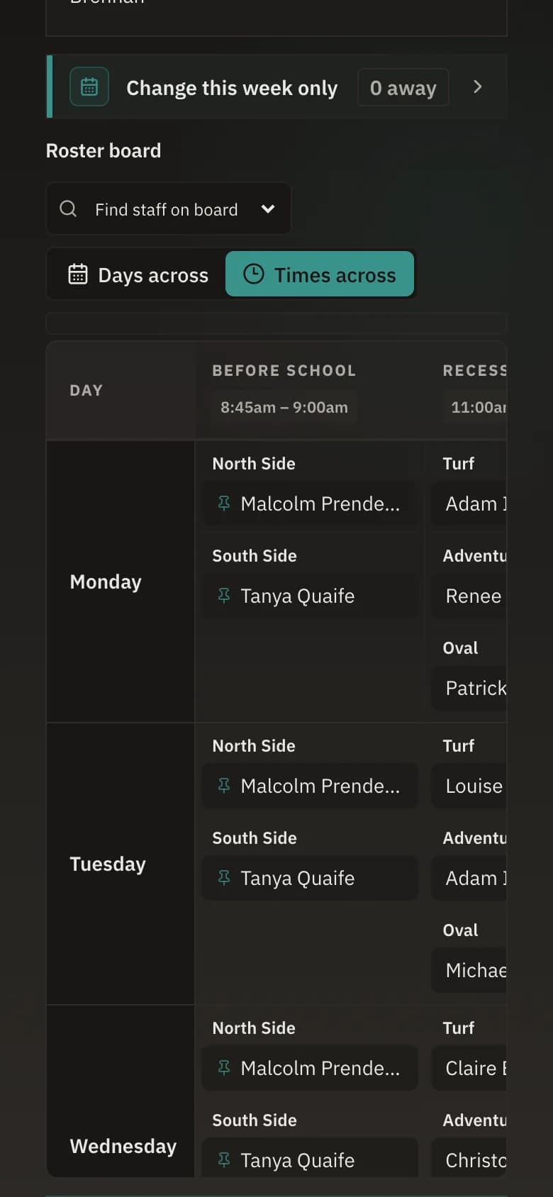 The yard duty roster in Bell Path, with each break of the week and who is on duty.