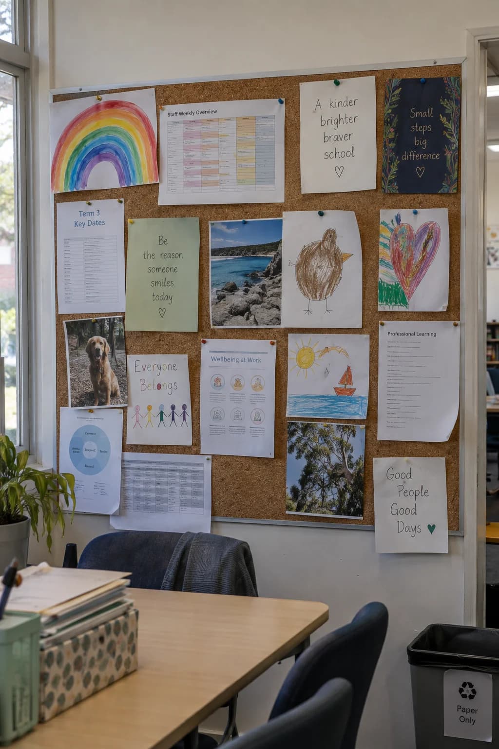 A working staffroom noticeboard with planning sheets and children’s artwork.