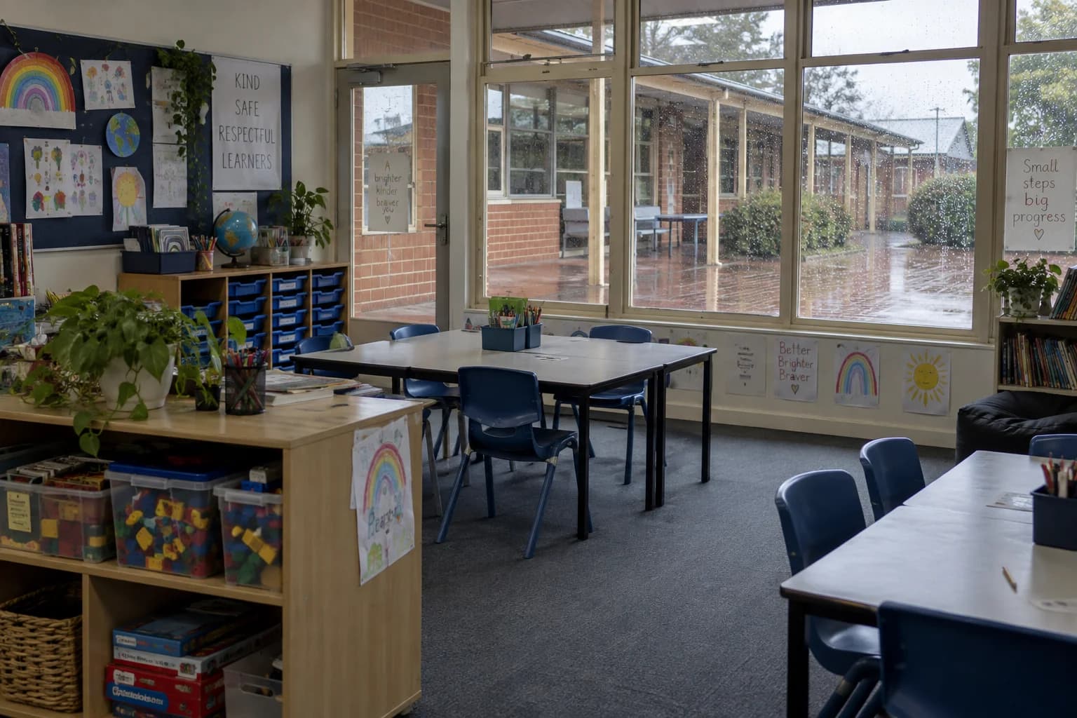 A classroom with construction tubs and board games beside rain-streaked windows.