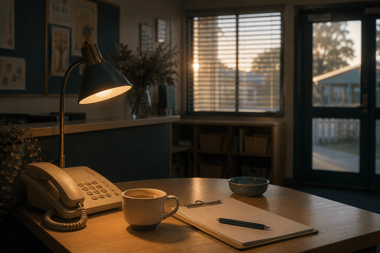 A school front-office desk at dawn: a landline phone under warm lamplight, a mug of tea, and first light through the blinds.
