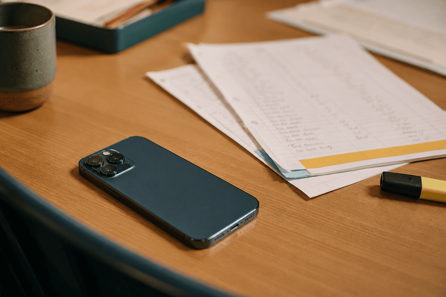 A phone lying face-up on a staffroom table beside handwritten class lists and a highlighter.