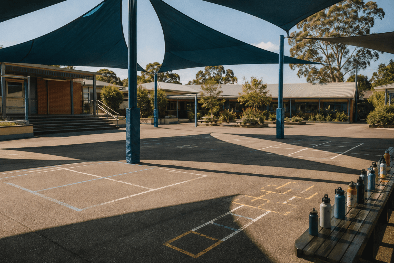 An empty primary school playground at mid-morning, shade sails casting long shadows over painted four-square lines, drink bottles lined on a bench.